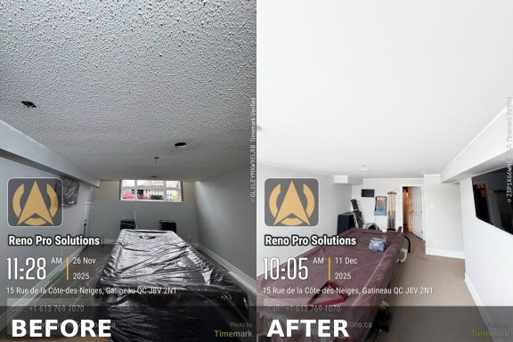 Popcorn Ceiling Removal Gatineau Before After Renovation Popcorn ceiling removal before and after in Gatineau smooth ceiling finish Reno Pro Solutions