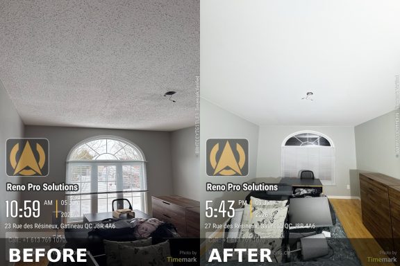 Popcorn Ceiling Removal Gatineau Before After Renovation Popcorn ceiling removal before and after in Gatineau smooth ceiling finish Reno Pro Solutions