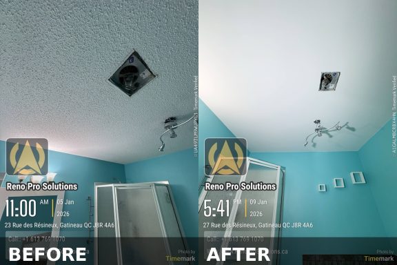 Popcorn Ceiling Removal Gatineau Before After Renovation Popcorn ceiling removal before and after in Gatineau smooth ceiling finish Reno Pro Solutions