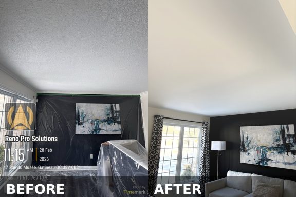 Popcorn Ceiling Removal Gatineau Before After Renovation Popcorn ceiling removal before and after in Gatineau smooth ceiling finish Reno Pro Solutions
