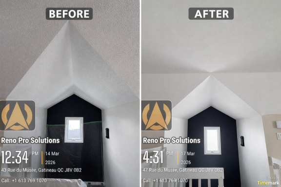 Popcorn Ceiling Removal Gatineau Before After Renovation Popcorn ceiling removal before and after in Gatineau smooth ceiling finish Reno Pro Solutions